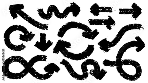 Big set of black arrows made with brush strokes, marker drawn or pen. Collection of grunge hand drawn elements with different shapes and directions