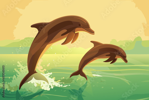 Pair of dolphins jumping out of water in sync, sun shining, feeling of joy and play