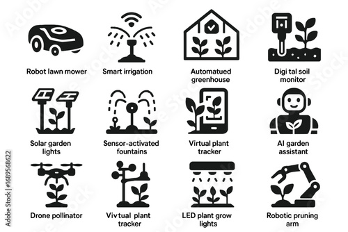 Drone lawn robotic lights garden icons soil solar vector cyber led icon