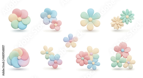 A whimsical collection of soft, fluffy pastel flowers with a whipped, marshmallow-like texture. Set of cute floral elements for design