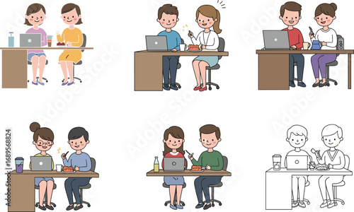 Office coworkers eating lunch together, casual workplace setting, food and laptop on desk, friendly coworkers, collaboration, break time, team bonding