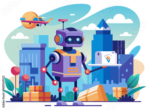 Robot with package in futuristic city with airplane