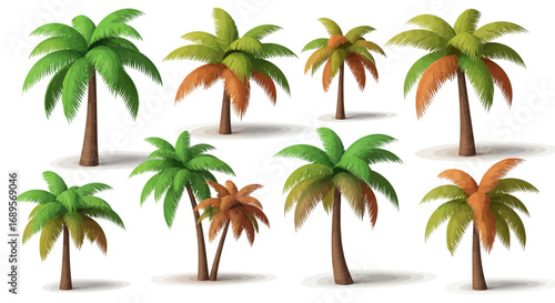 Set of various isolated palm trees with green and orange fronds. A detailed vector illustration collection for tropical and summer-themed graphic design