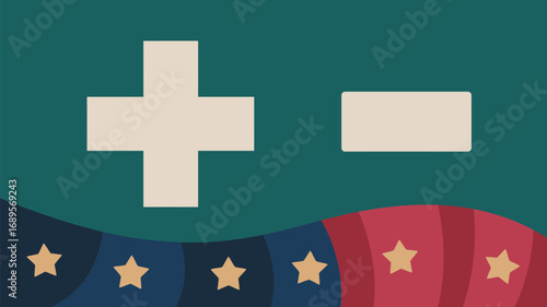 Plus and minus signs with stars and stripes design on a teal background in a simple cartoon style