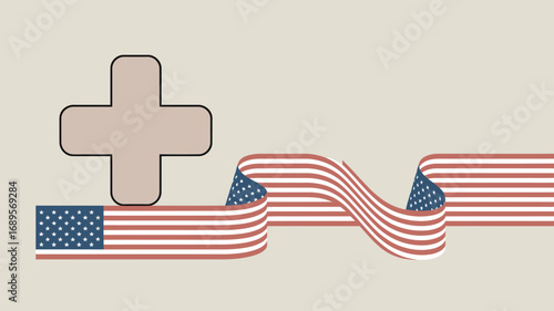 Illustration of a bandage and an american flag ribbon on a light beige colored background design