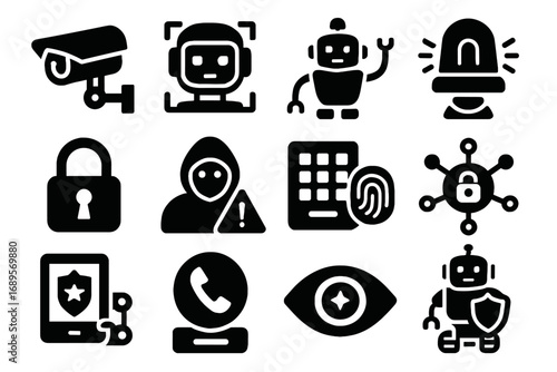Emergency motion button lock icon face robot alert security vector secure icons