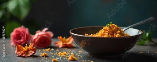 Empty bowl, half-eaten meal, wilted flowers, dim lighting conveying feelings of emptiness, sadness, and lack of appetite associated with depression , unhealthy, light