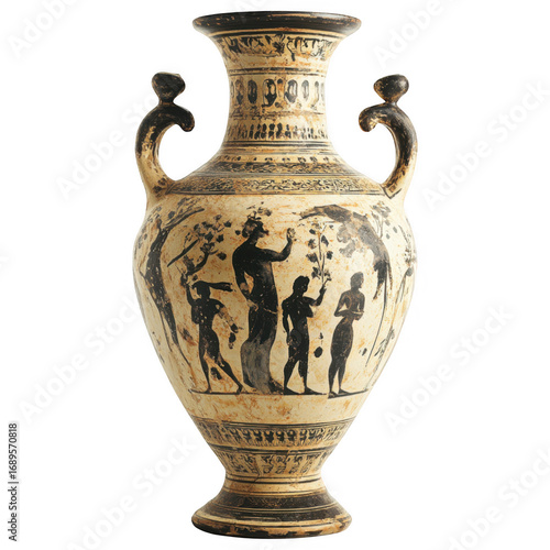 Ancient Pottery Masterpiece: A finely crafted Grecian amphora, a timeless relic adorned with intricate black figure artwork, stands as a testament to ancient artistry.