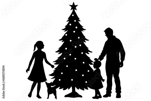 Black silhouette of a family with a dog and a christmas tree decorated with lights