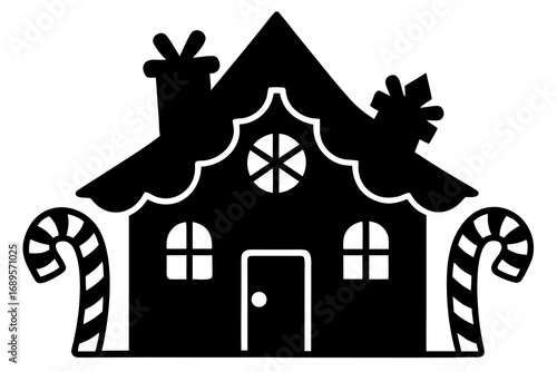Black silhouette of a gingerbread house with candy canes