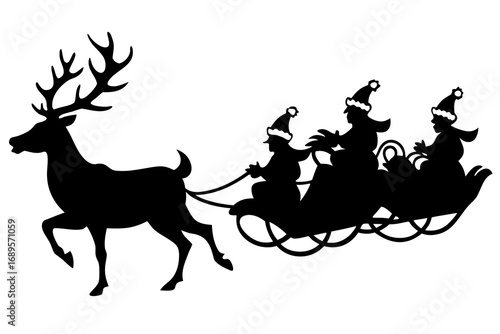 Silhouette of santa claus and multiple reindeer pulling a sleigh