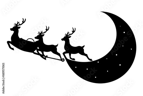 Silhouette of santas reindeer flying across a crescent moon with stars