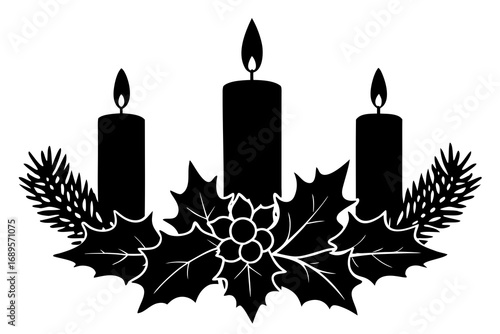 Christmas candle arrangement with holly and pine branches