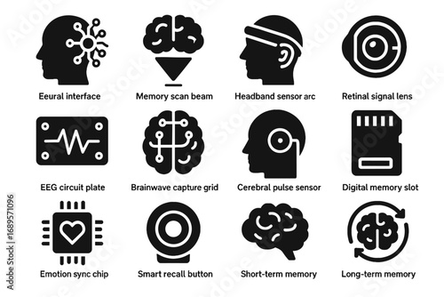 Memory vector node signal sensor chip brainwave icons neural retinal device icon