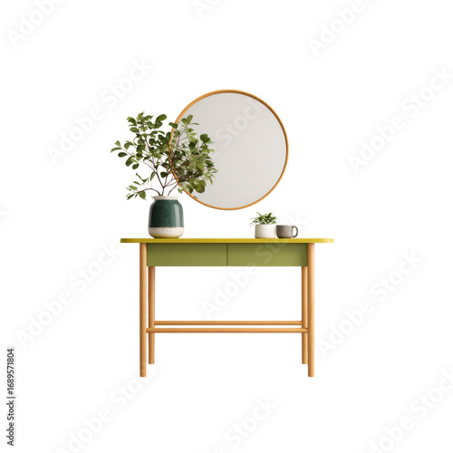 Modern Green Console Table with Round Mirror and Plants