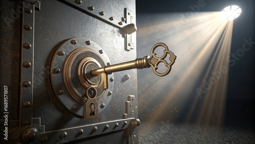 Vault key inserted into a secure lock illuminated by a dramatic spotlight, showcasing moments of intrigue and suspense