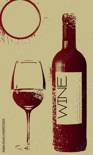 Red wine, vector graphics, grunge style, splash, wine bottle, glass, restaurant poster, wine bar. Chardonnay, Cabernet, Merlot, party, alcohol, wine list design, drinking, wine sales, sommelier, drink