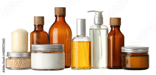 Various glass and metal containers of different sizes and colors, likely holding beauty products