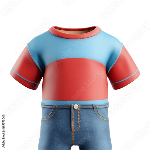 A 3D rendered icon of a child's outfit with a red and blue t-shirt and denim jeans.