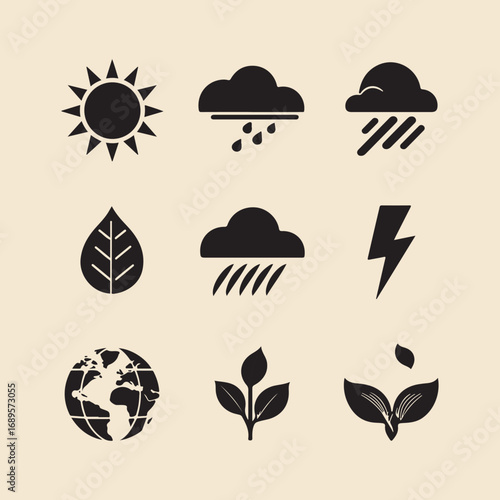 Weather and Nature Icons – Sun, Rain, Cloud, Lightning, Earth, and Leaf Symbols