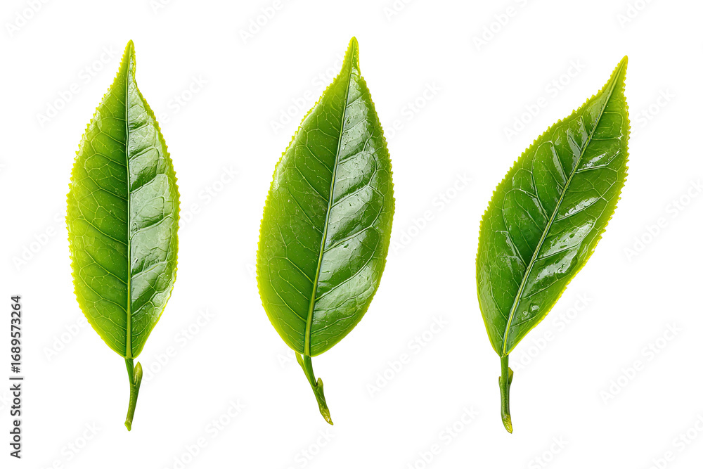 Obraz premium Three vibrant green tea leaves, slightly angled, isolated on black background. Fresh, healthy, and detailed leaf structure is prominent