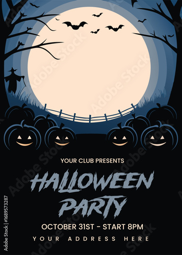 Spooky halloween party invitation with full moon and jack o lanterns