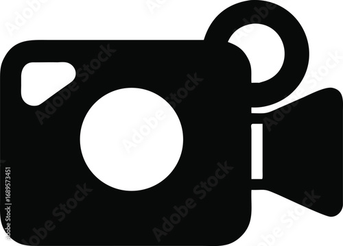 Modern stylized black and white icon of a video camera for creative projects and digital media silhouette