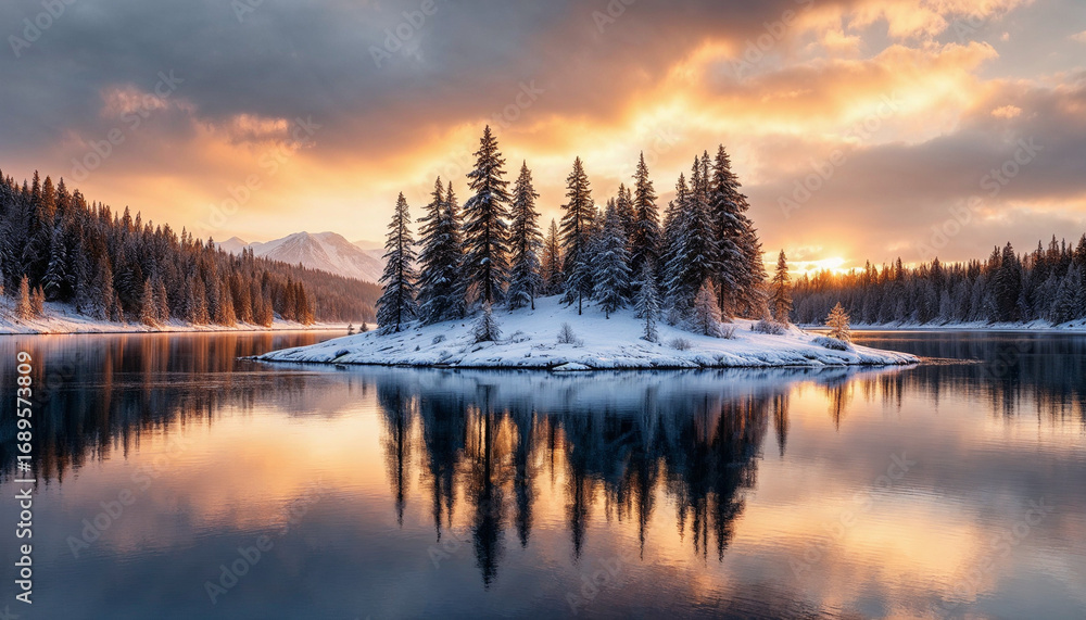 Fototapeta premium Snowy pine island reflected in calm sunset lake 