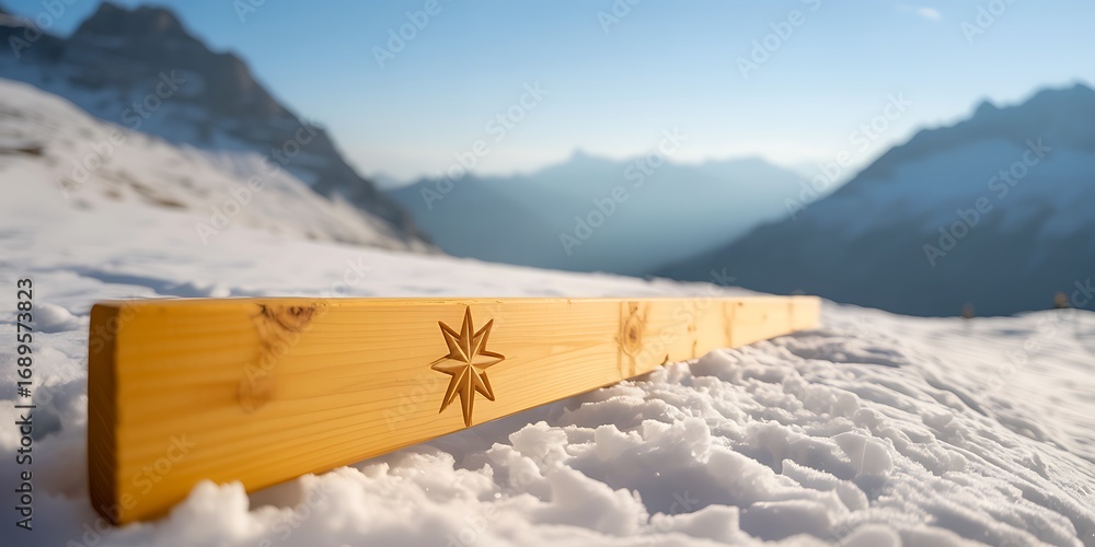 Fototapeta premium Wooden beam with a star carving placed on a snow covered surface with a stunning mountain backdrop under a clear and bright sky.