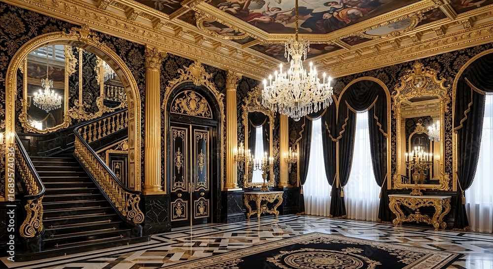 Obraz premium A grand hall with opulent black and gold decor boasts intricate details, featuring a sweeping staircase and elaborate crystal chandeliers.