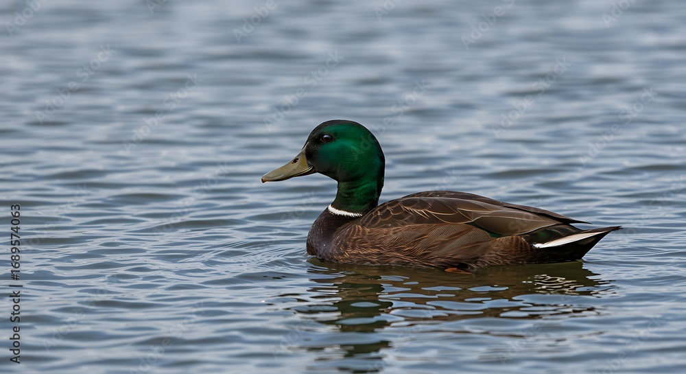 Obraz premium Mallard drake gracefully glides across reflective waters in natural pond environment scene