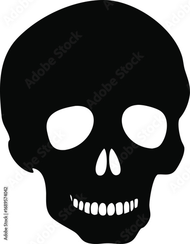 Stark black silhouette of a human skull with brightly glowing eyes and visible teeth silhouette