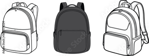 Minimalist Vector Backpack Set with Front Pockets and Zippers – Three Stylish School or Travel Bags in Black and White Line Art