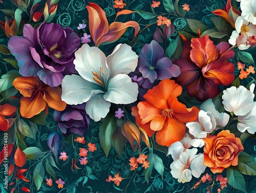 Vibrant Floral Bouquet Painting Lush Blooms Dark Teal Background