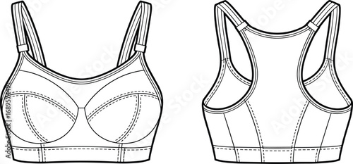 Technical Flat Vector of Women's Sports Bra – Front and Back View with Adjustable Straps for Fashion Design, Apparel Development, or Activewear Mockups
