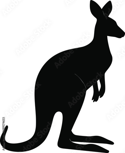A striking black silhouette of a kangaroo standing proudly on a clean white surface captured in isolation silhouette