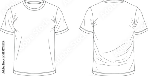 Vector T-shirt flat sketch with front and back views, detailed short sleeve casual shirt illustration featuring visible stitching and fabric wrinkles for fashion design.