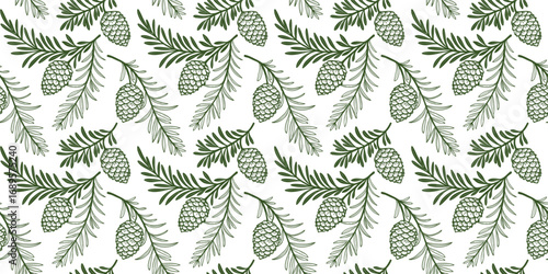 Seamless pine cone and fir branch pattern with hand drawn botanical details, elegant winter forest nature background, perfect for seasonal holiday decoration and textile design.