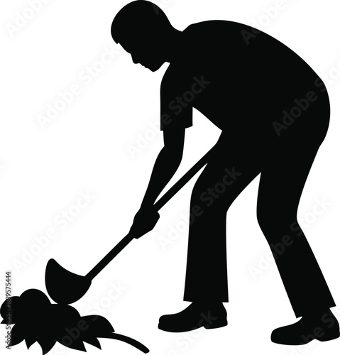 Autumn silhouette person raking fallen leaves garden yard work seasonal outdoor activity silhouette