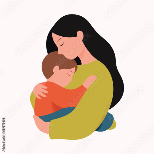 A loving mother tenderly embraces her child, conveying comfort, care, and security through a heartwarming illustration.