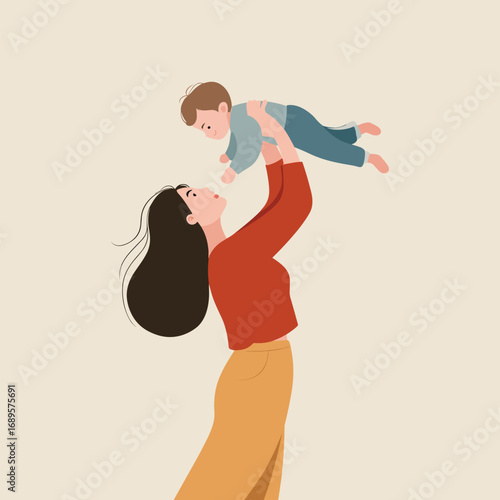 A loving mother playfully lifts her happy baby into the air, symbolizing joy and a strong maternal bond.
