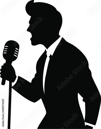Silhouette of a man singing passionately into a vintage microphone iconic performer silhouette