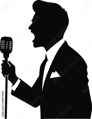Silhouette of a charismatic man in a suit singing passionately into a vintage microphone on stage silhouette