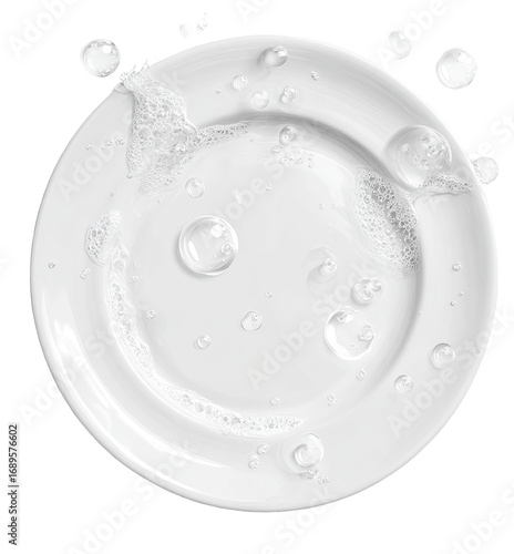 A round white plate, clean with soap suds and water droplets, in an overhead view.  Splashes and bubbles are surrounding the plate