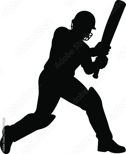 Dynamic silhouette of a cricket batsman in action swinging the bat ready to hit the ball silhouette