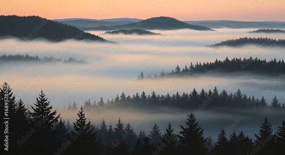 Fototapeta premium Misty mountain landscape with pine trees at sunrise.