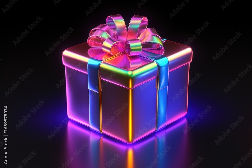 Obraz premium 3D render of giftbox icon neon bow illuminated.