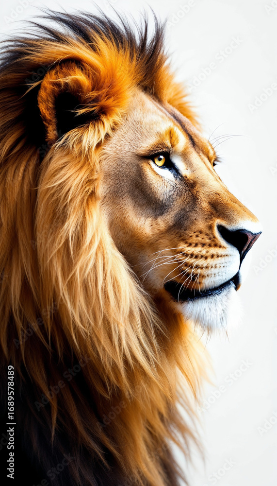 Fototapeta premium Majestic male lion portrait with flowing golden mane on white background