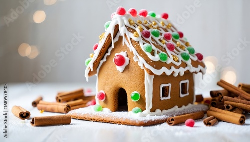 New Year gingerbread house with cinnamon on wood. Copy space