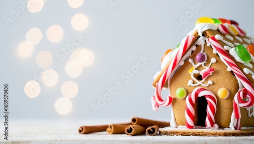 New Year gingerbread house with cinnamon on wood. Copy space
